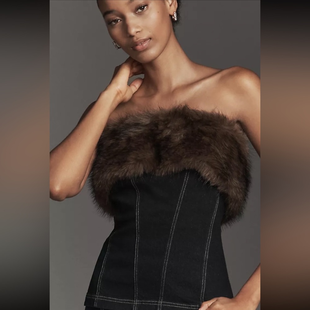 Anthropology Pilcro Strapless Faux-Fur trim Denim Corset Top.